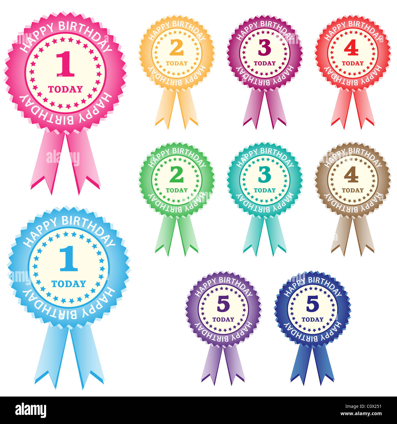 Geburtstag-Rosetten für Kinder ab 1 Jahr bis 5 Jahre in verschiedenen Farben für Jungen und Mädchen. Isoliert auf weiss. Stockfoto