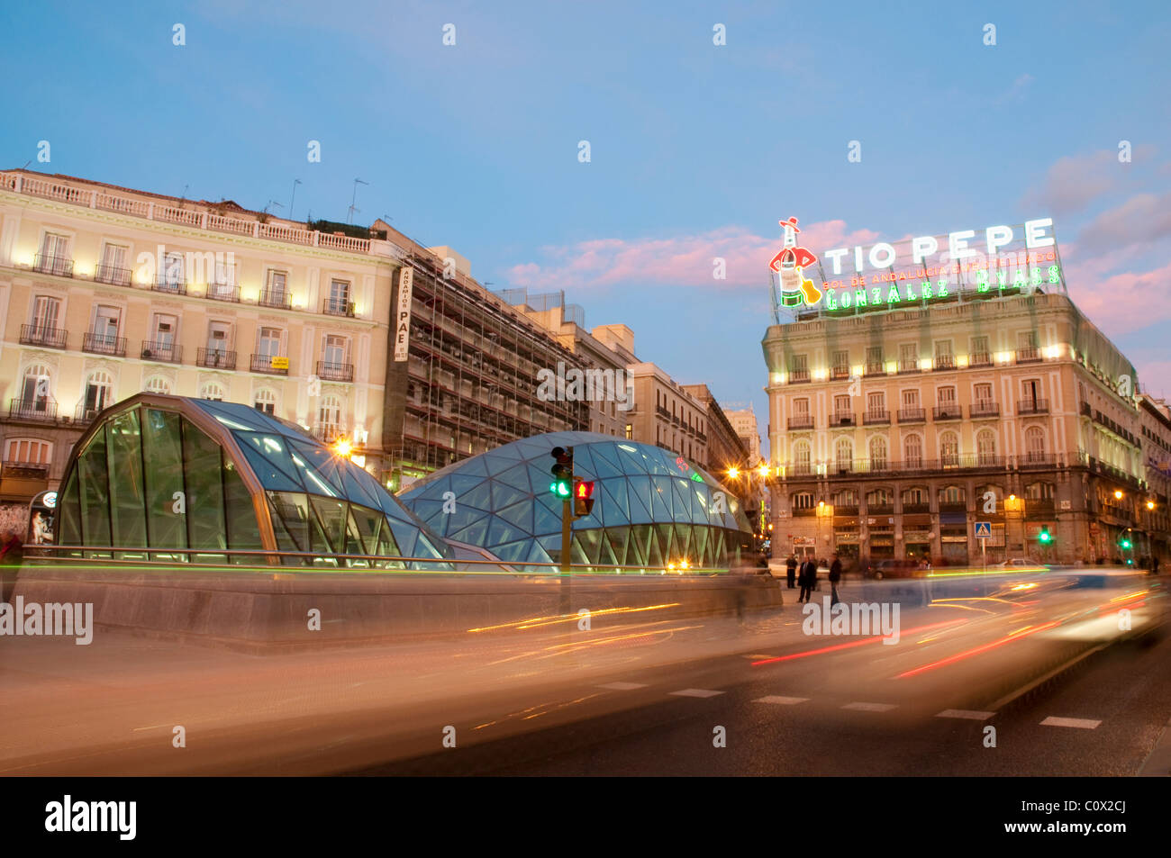 Puerta del Sol, Nachtansicht. Madrid, Spanien. Stockfoto