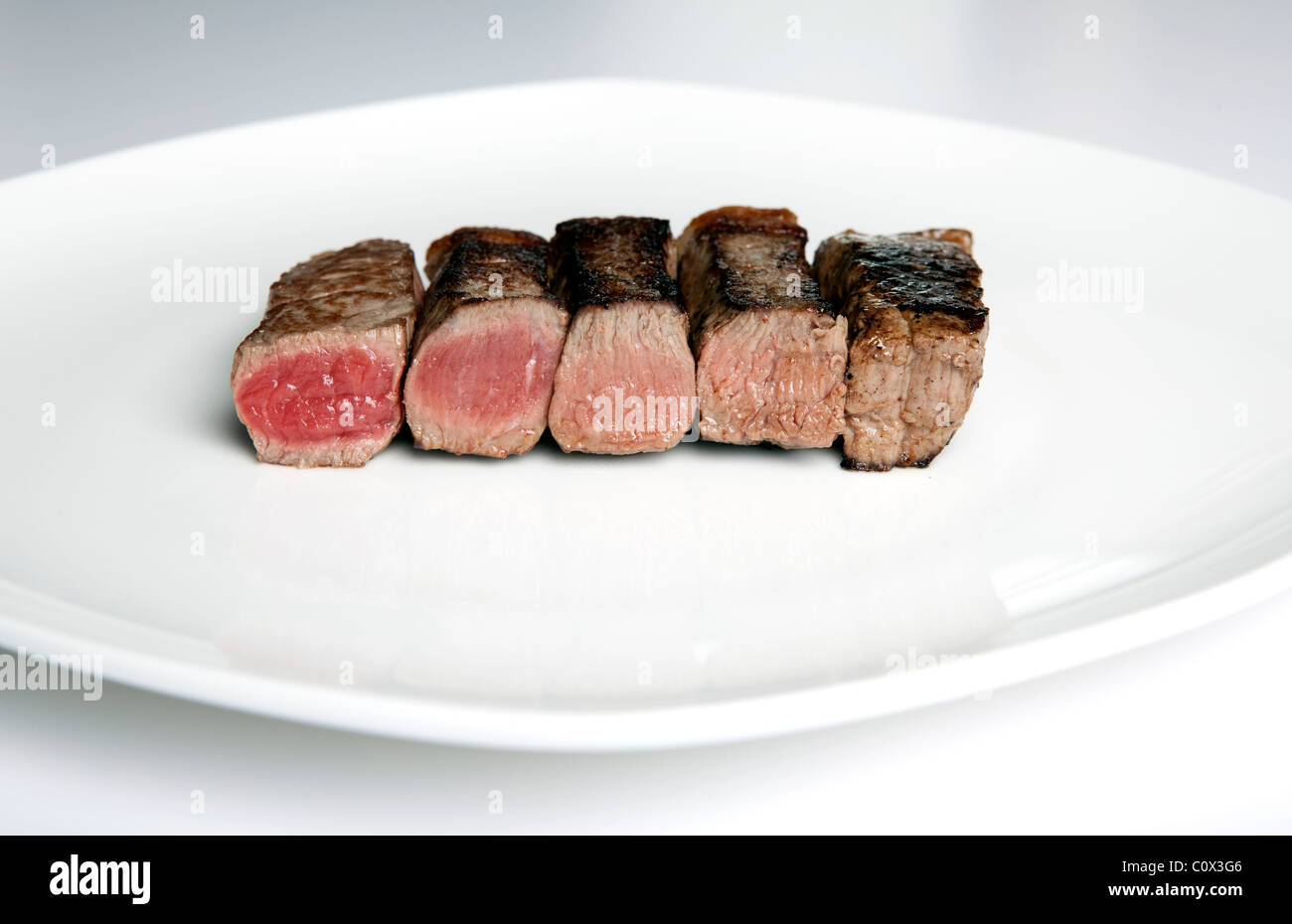 Beef Steak selten gut gemacht auf einem Teller. Stockfoto