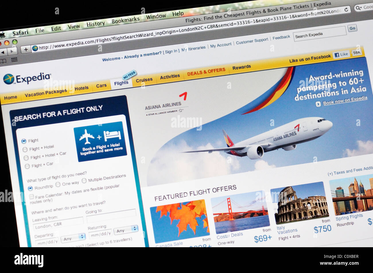 Expedia-Webseite Stockfoto