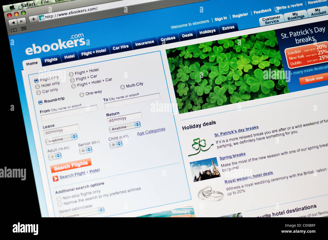 Ebookers Website - Europäische online-Billige Flüge buchen und Hotel Reservierung Agentur Stockfoto