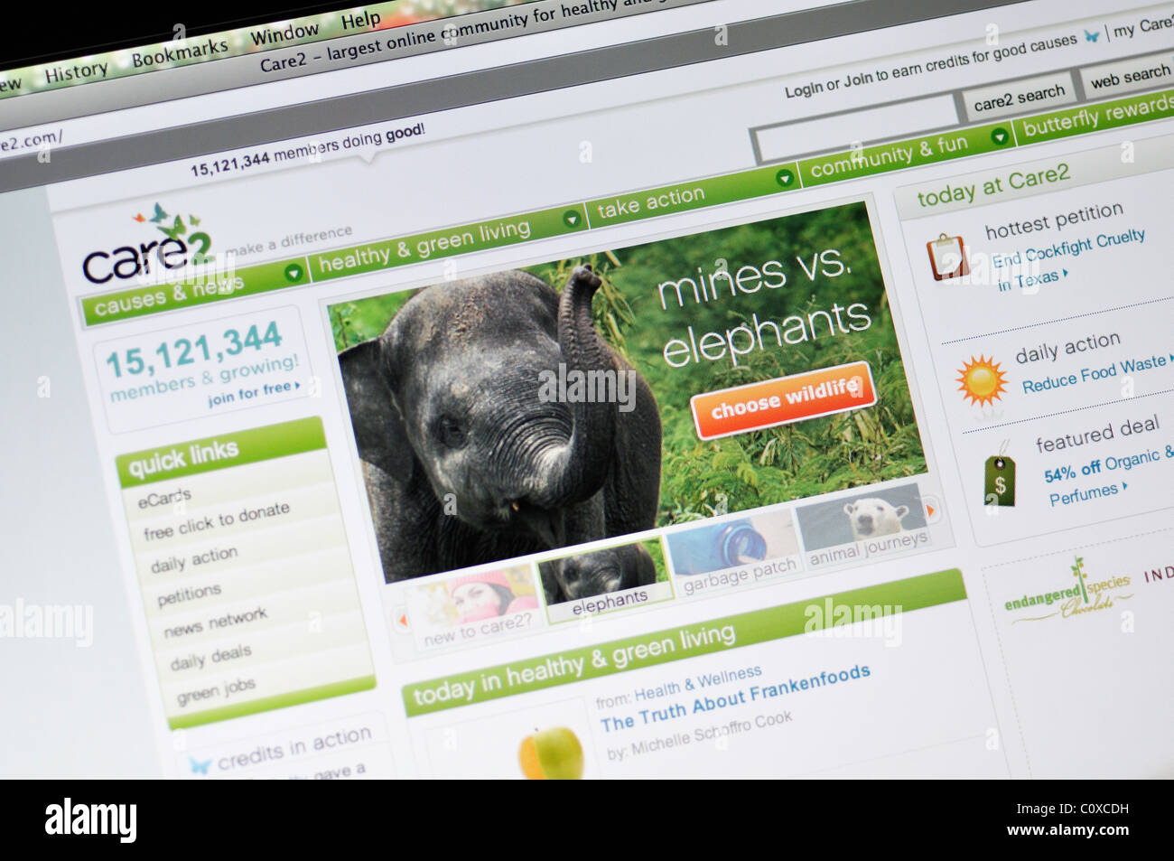 Care2 Sozialnetzwerkanschlußweb site für gesunde und grünen Lebensstil Stockfoto