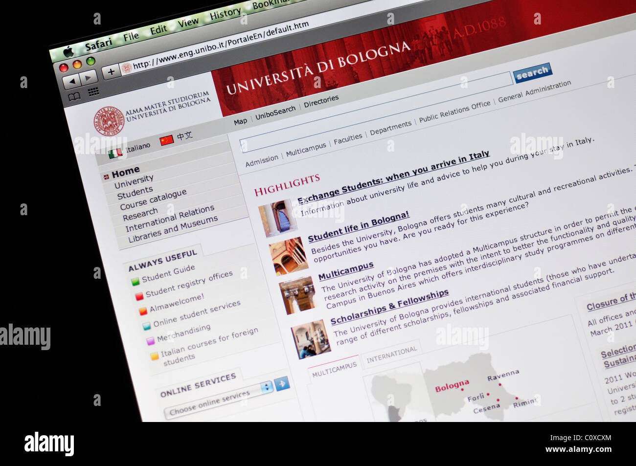 Website der Universität Bologna Stockfoto