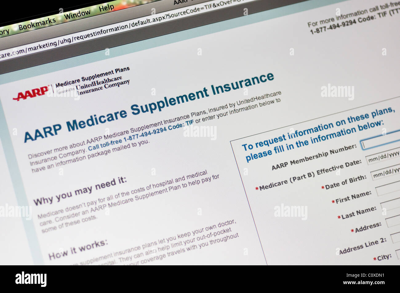 AARP Medicare Ergänzung Versicherungen website Stockfoto