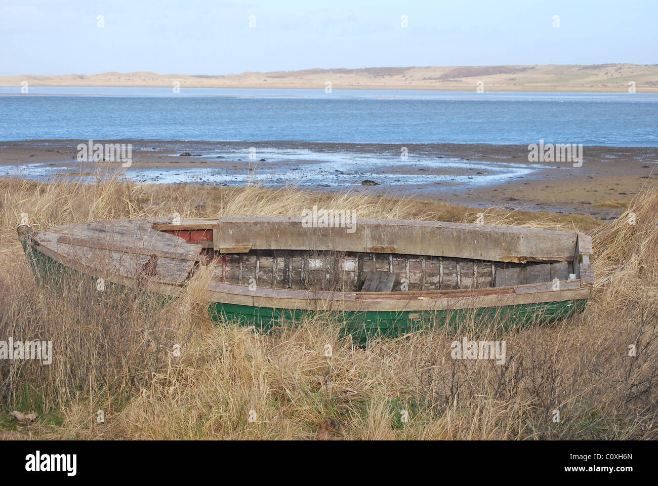 Shipwreched Ruderboot in hinter Bucht, East lothian Stockfoto