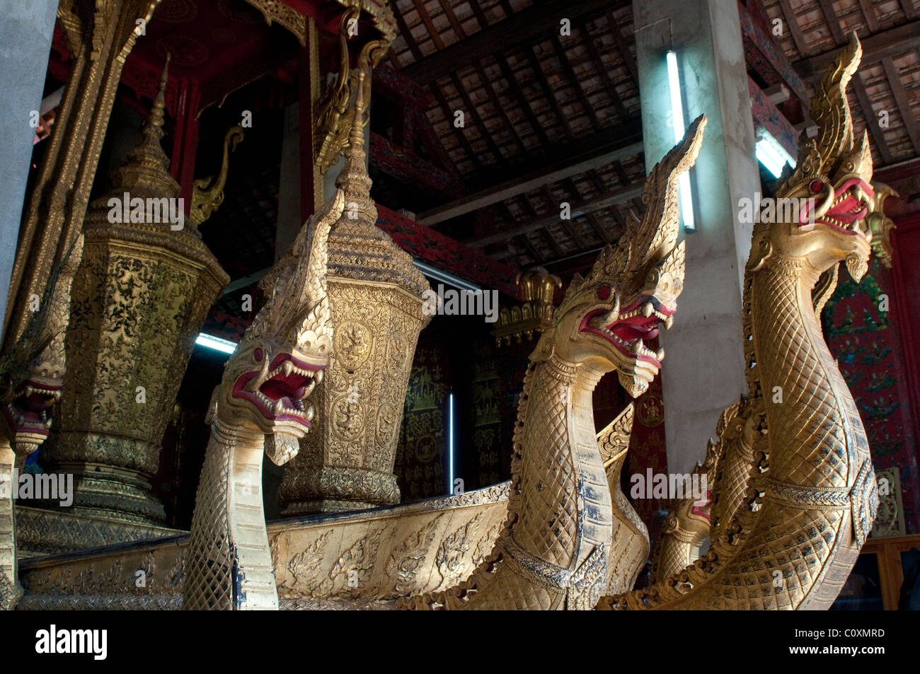 Nagas, Funerary Carriage Hall oder Haw Latsalot, Wat Xiang Thong, Luang Prabang, Laos Stockfoto