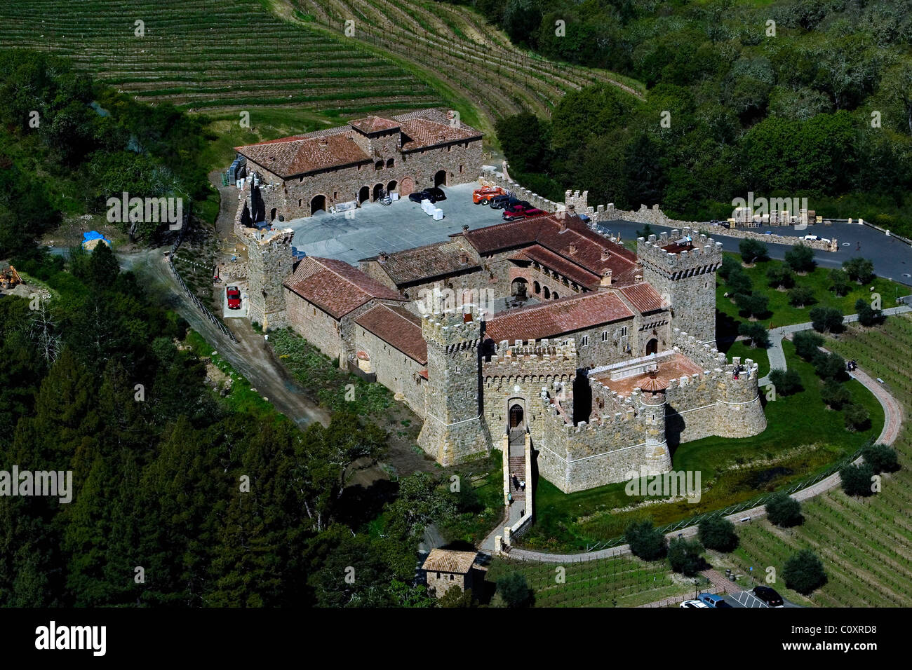 Luftaufnahme über Castello di Amorosa Winery Napa Valley Calistoga, Kalifornien USA Stockfoto