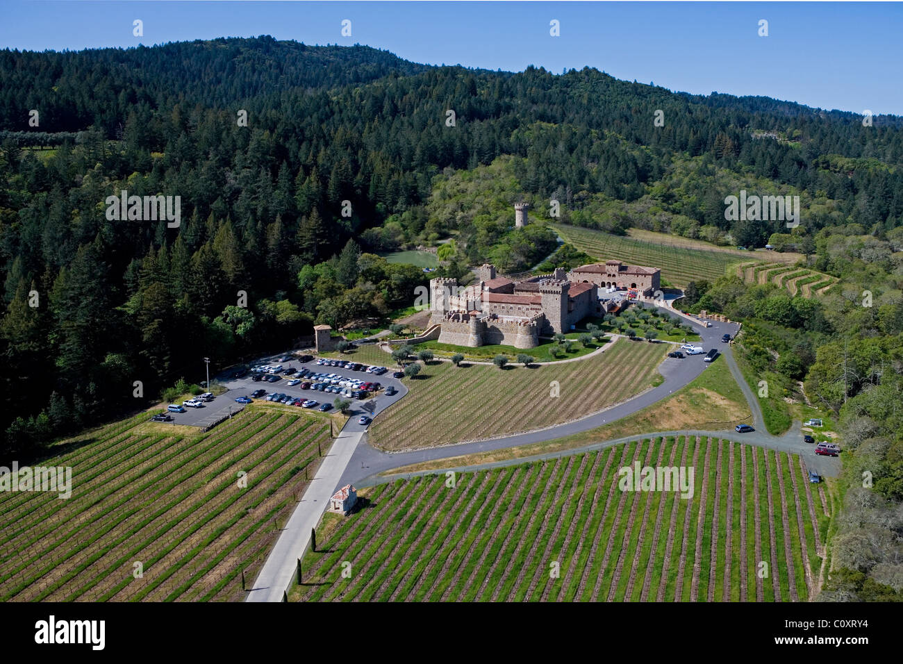 Luftaufnahme über Castello di Amorosa Winery Napa Valley Calistoga, Kalifornien USA Stockfoto