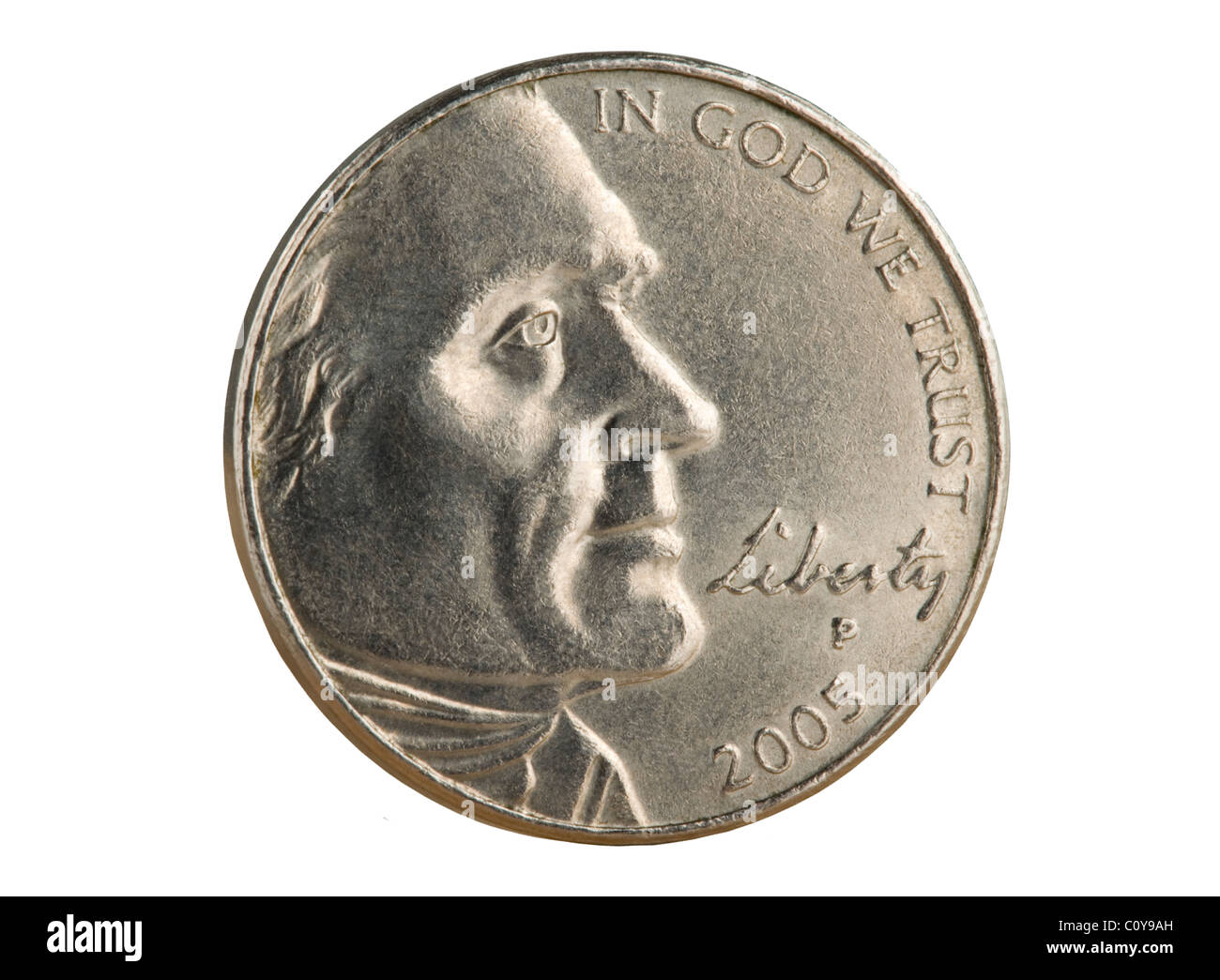 2005 U.S. Nickel Münze. Der Nennwert von 5 Cent ist jetzt kleiner als der Wert der Metalle in der Münze. Stockfoto