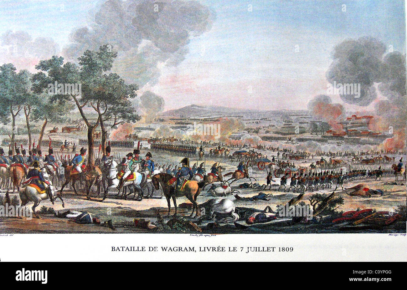 Schlacht von WAGRAM (Juli 1809) mit Napoleon auf weißen Pferd auf der linken Seite gestochen von Carl Vernet Stockfoto