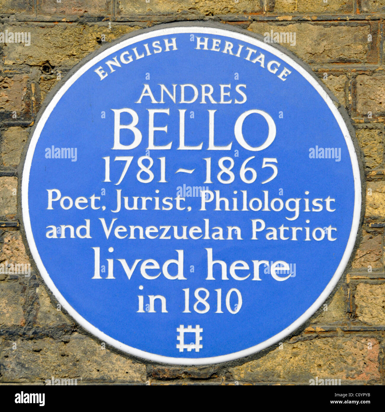 English Heritage Blue Gedenktafel zur Erinnerung an Andres Bello eine venezuelanische Patriot Dichter, Jurist und Sprachwissenschaftler im Grafton Weg, London England UK gelebt Stockfoto