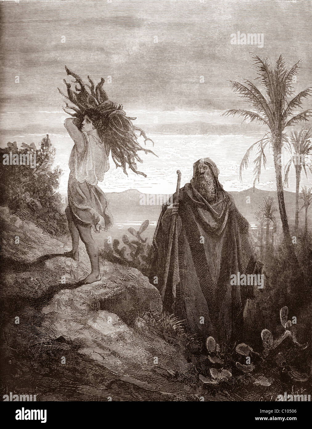 Bibeldarstellung der Prüfung des Glaubens Abrahams von Gustave Dore 1. Mose 22:10-12 Stockfoto