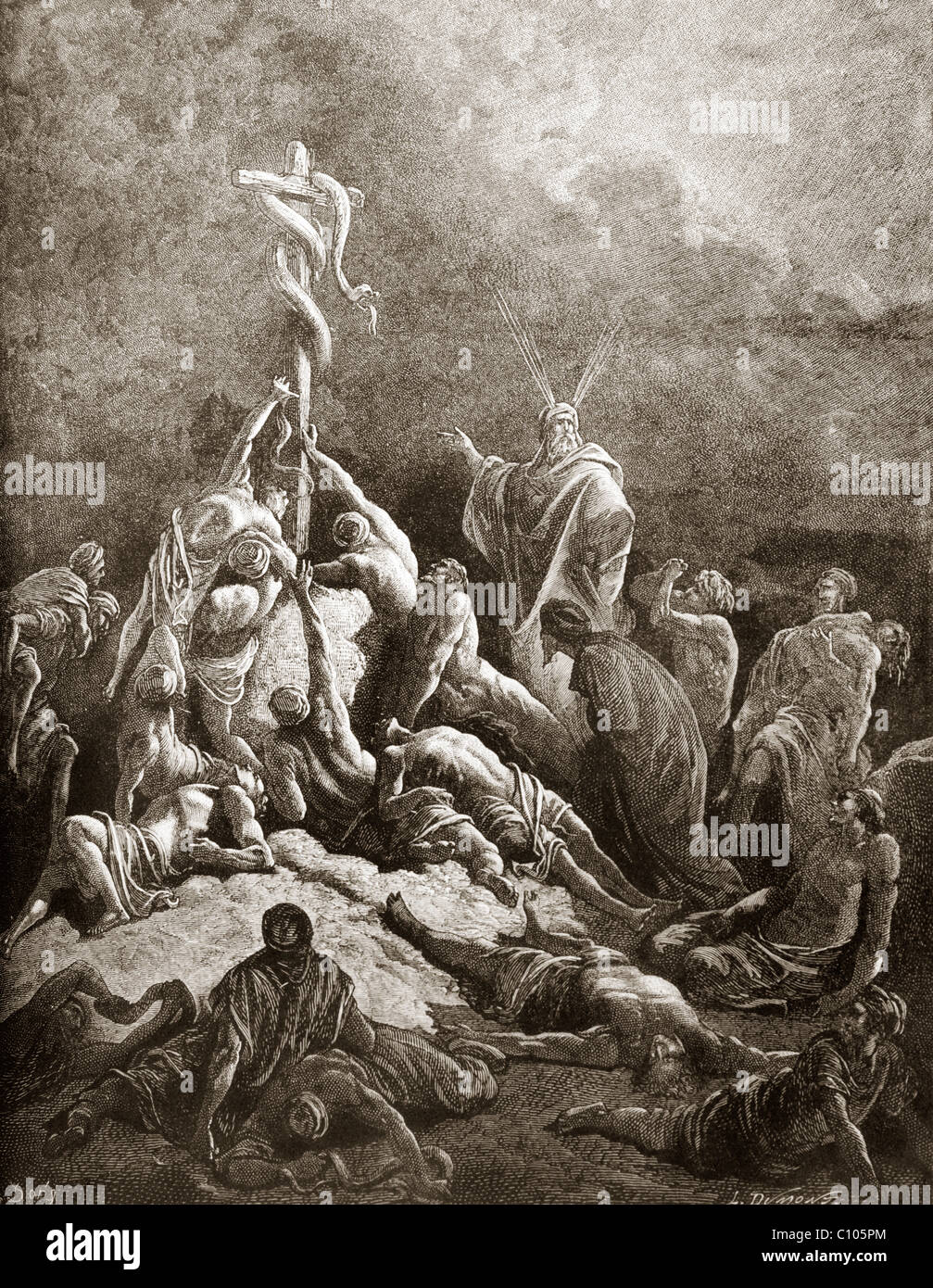 Bibellillustration der Brazen Serpent von Gustave Dore - Moses hält die Bronze Serpent also die Israeliten, die es sahen, wurden vor dem Sterben geschützt Stockfoto