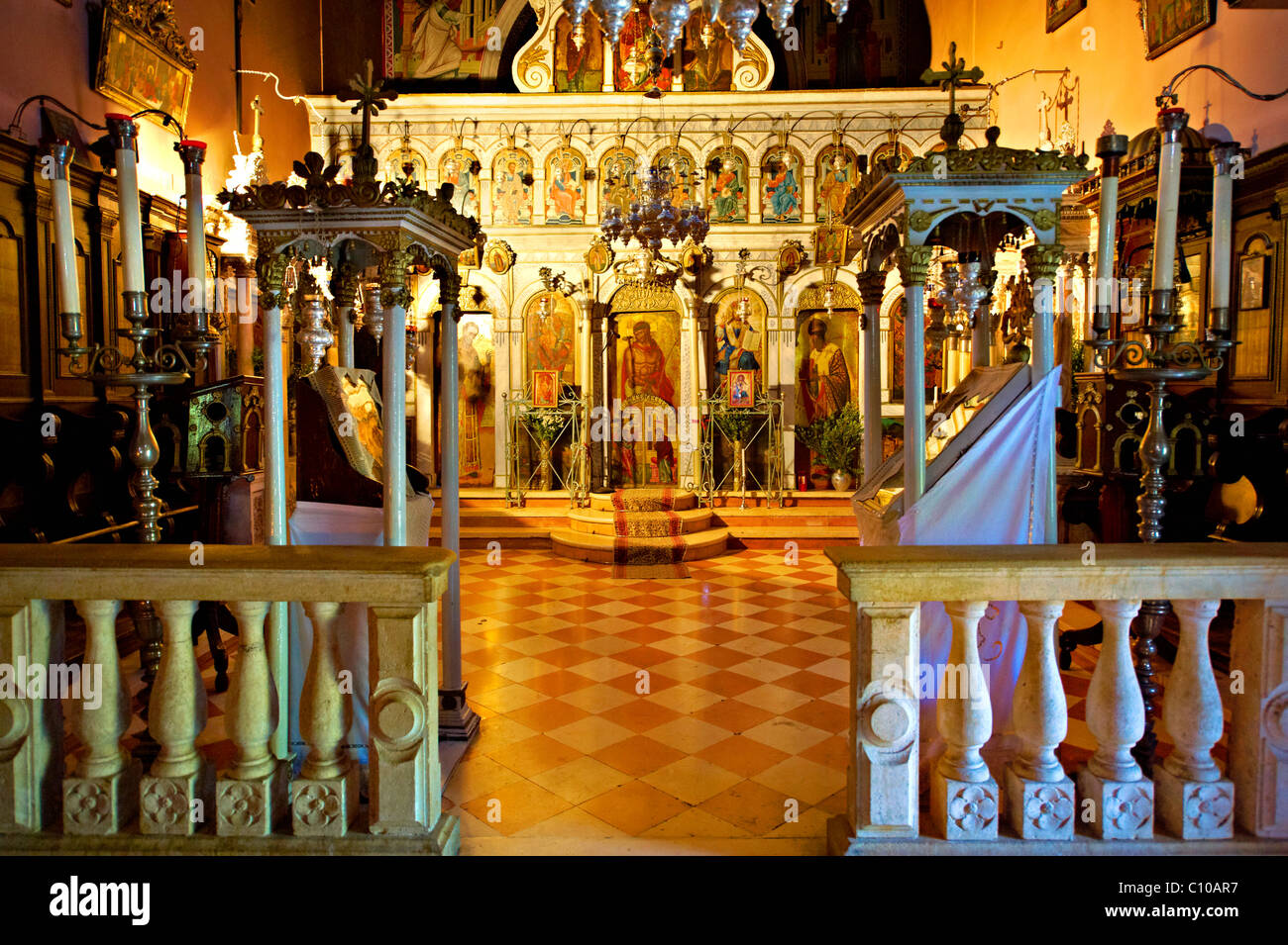 Innenraum der Theotokos, Kloster, Paleokastitsa, 18. Jahrhundert Griechisch Orthodox. Ionischen Insel Korfu, Griechenland Stockfoto