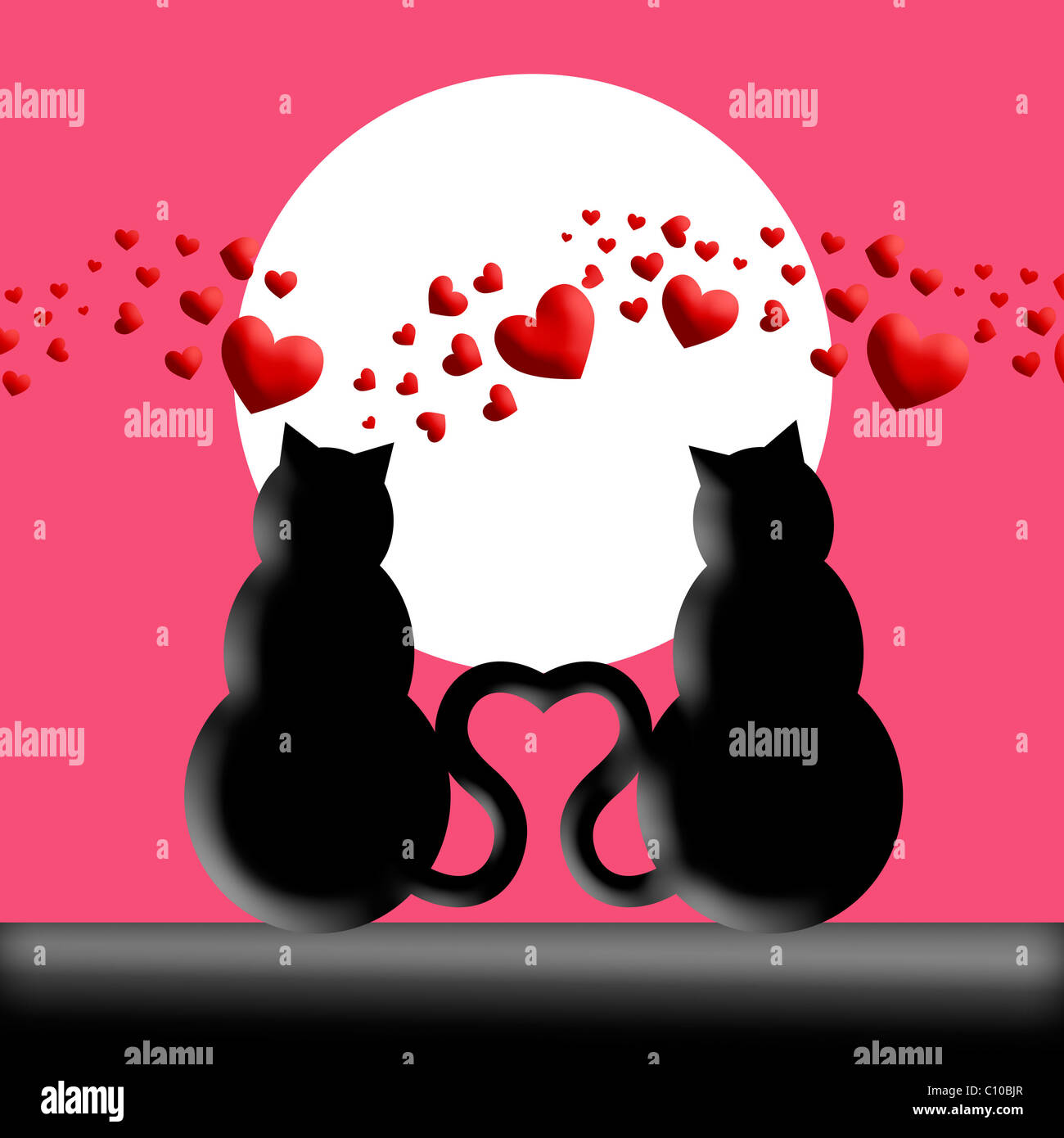 Happy Valentines Day Katzen in der Liebe mit Mond und Herzen Silhouette Abbildung Stockfoto