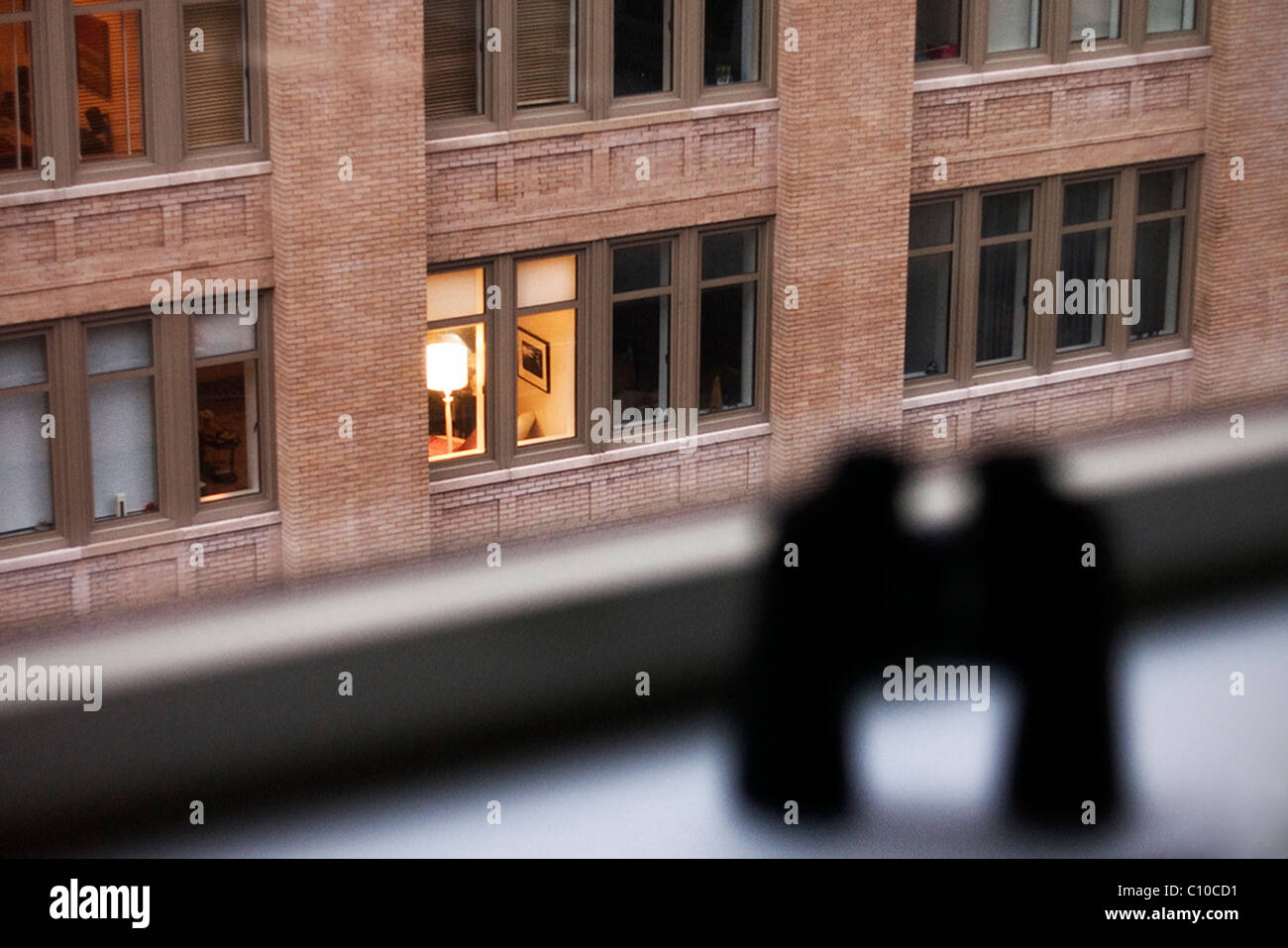 Fernglas sitzen auf einem New Yorker Apartment Fensterbrett Blick auf eine andere Wohnung. Stockfoto