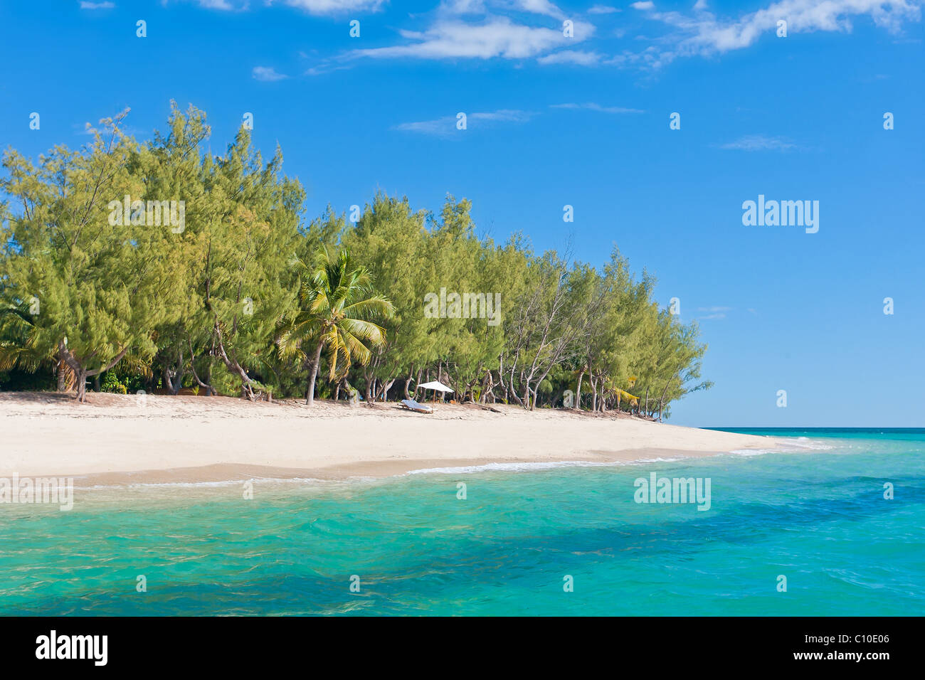 Paradies-Insel. Feiner weißer Sand, Casuarina, Palme und türkisblauem Wasser Stockfoto