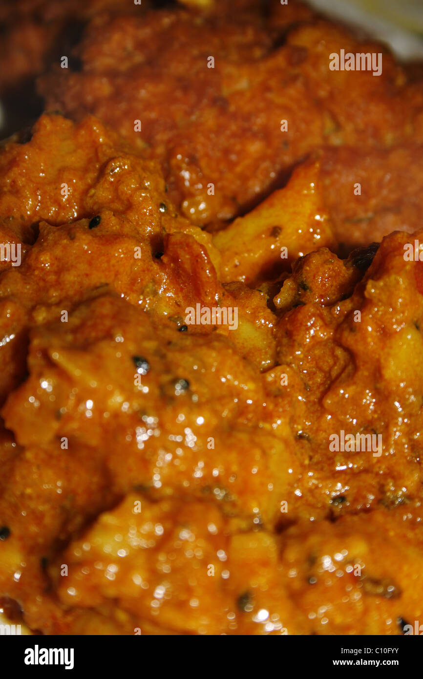 Bild der Zwiebel-Bhajis und Bombay-Kartoffeln auf weißen Teller Stockfoto
