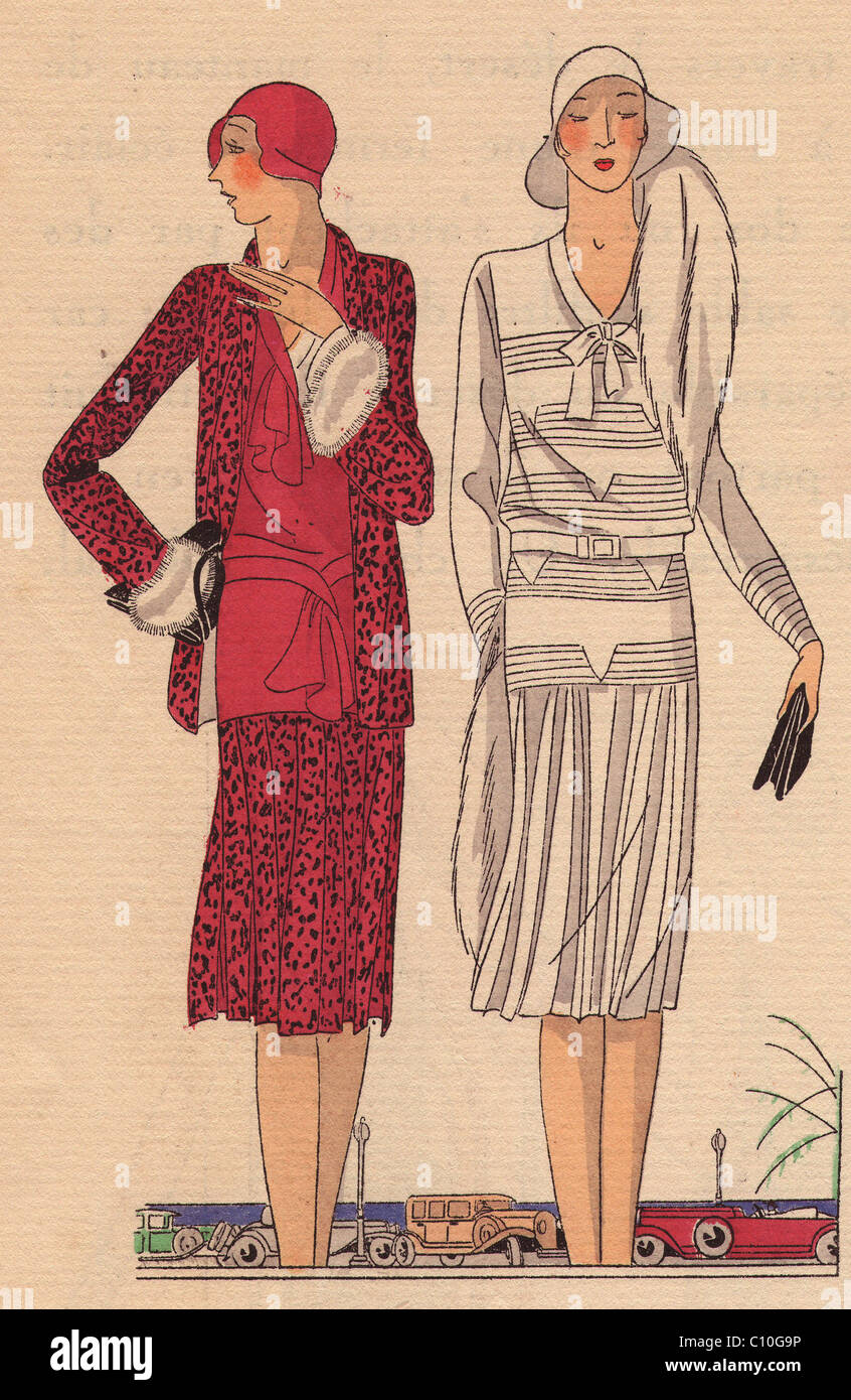 Frau im Sport Kleid und Mantel in roten Trikots und Frau Nachmittag Kleid aus weißem Krepp Georgine. Stockfoto