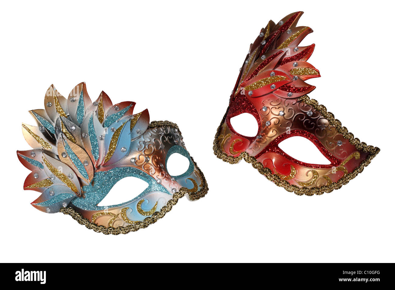 Zwei venezianischen Masken isoliert auf weiss Stockfoto