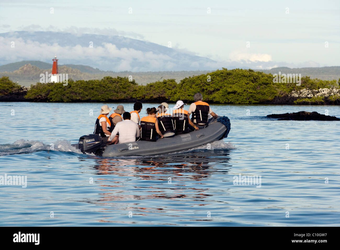 Schlauchboot mit Touristen - in der Nähe von Islote Tintoreras - Insel Isabela - Galapagos-Inseln, Ecuador Stockfoto