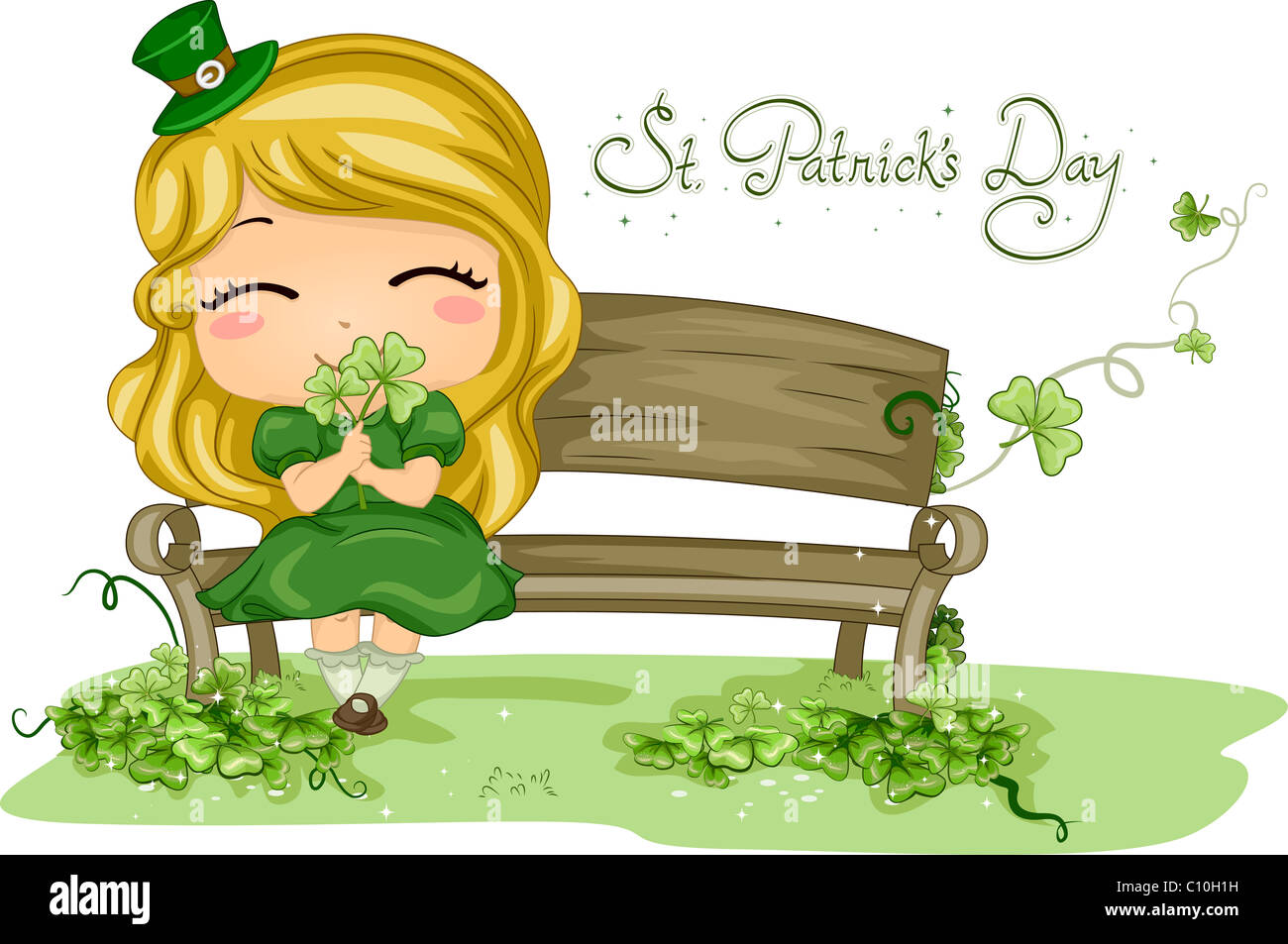 Abbildung eines Mädchens mit einem Kleeblatt Stockfoto