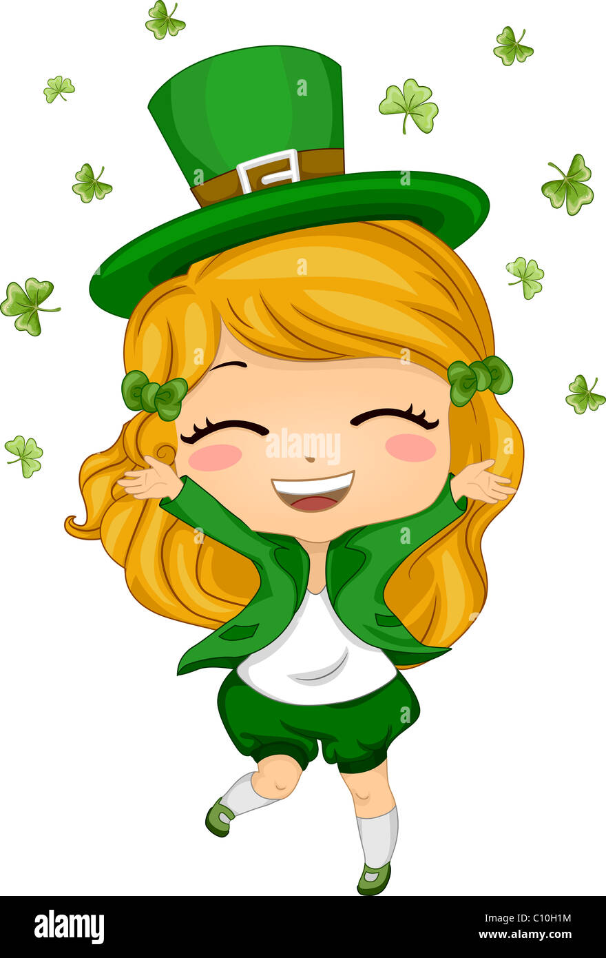 Abbildung eines Mädchens Kleeblätter in die Luft werfen Stockfoto