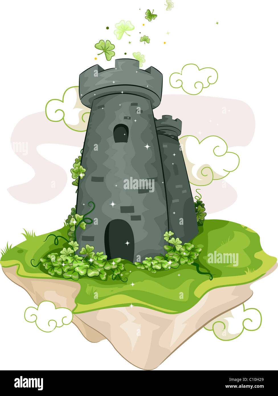 Abbildung eines schwebenden Turms umgeben von Kleeblätter Stockfoto