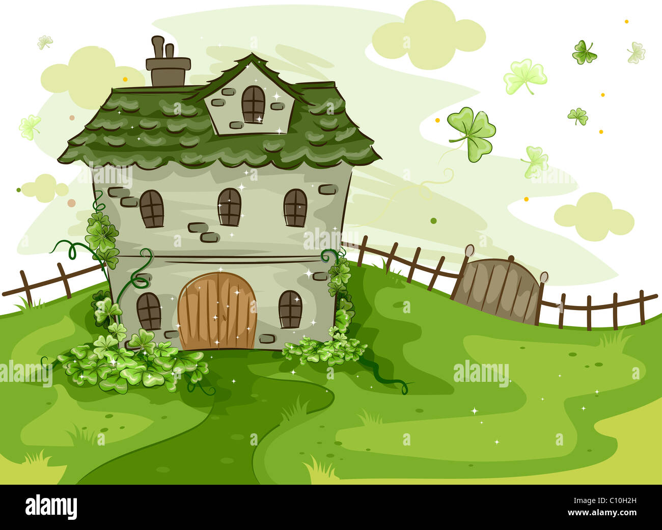 Abbildung eines Hauses, umgeben von Kleeblätter Stockfoto