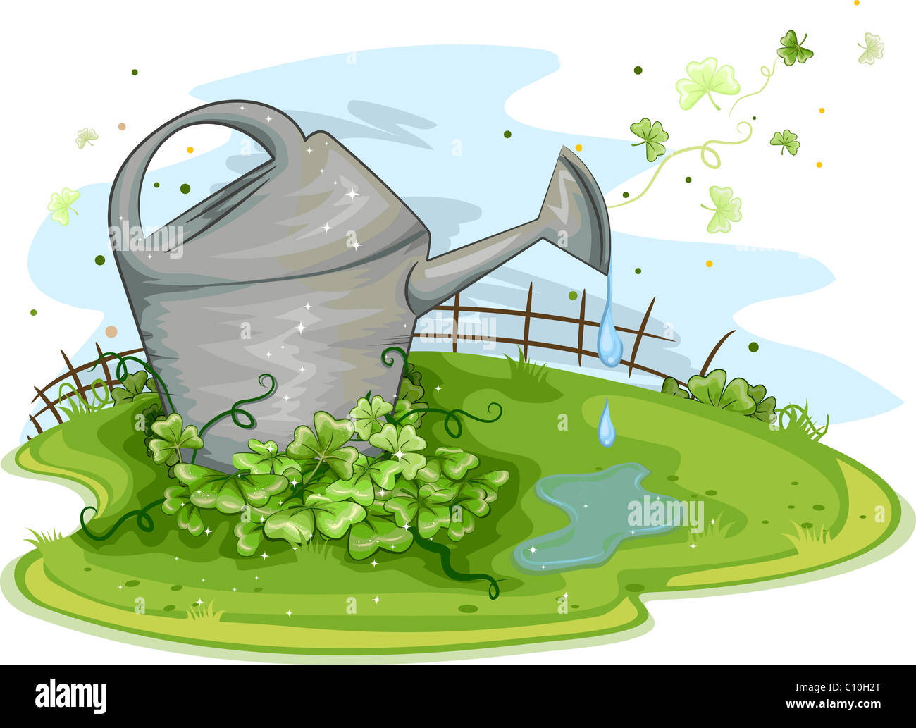 Illustration einer Gießkanne sitzen in der Nähe eines Clusters Kleeblätter Stockfoto