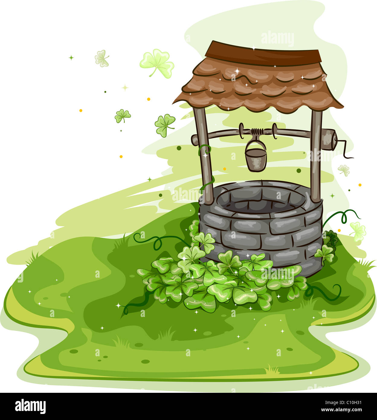 Abbildung eines Brunnens umgeben von Kleeblätter Stockfoto