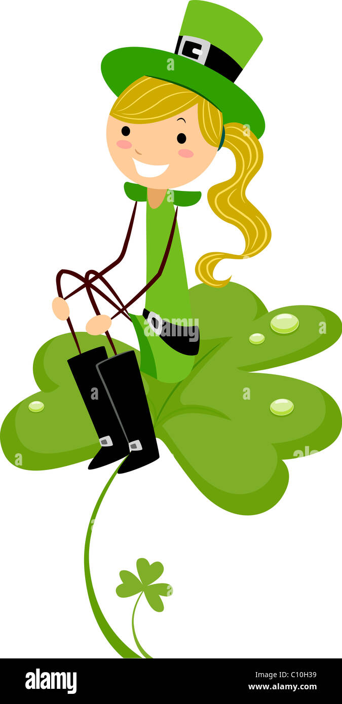 Beispiel für ein Mädchen sitzt auf einem Kleeblatt Stockfoto