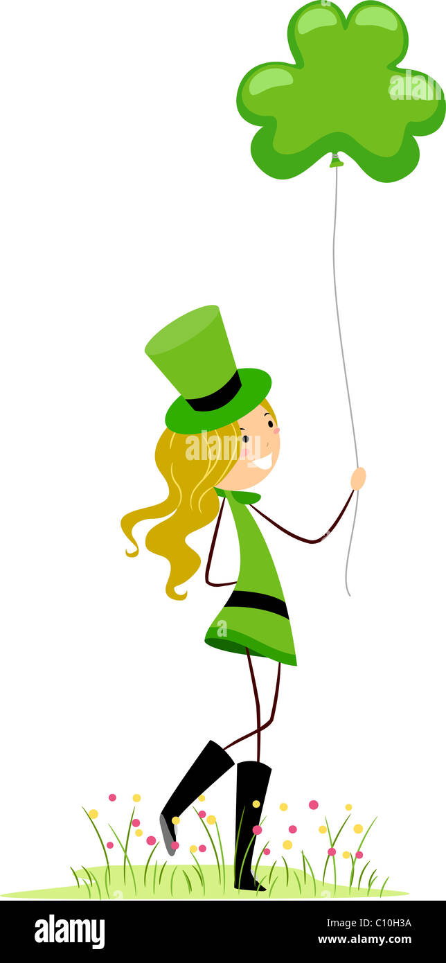 Abbildung eines Mädchens hält einen Shamrock-förmigen Ballon Stockfoto