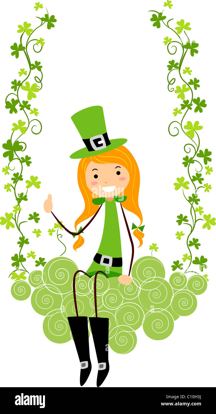 Beispiel für ein Mädchen sitzt auf einer Schaukel von Wolken und Reben Stockfoto