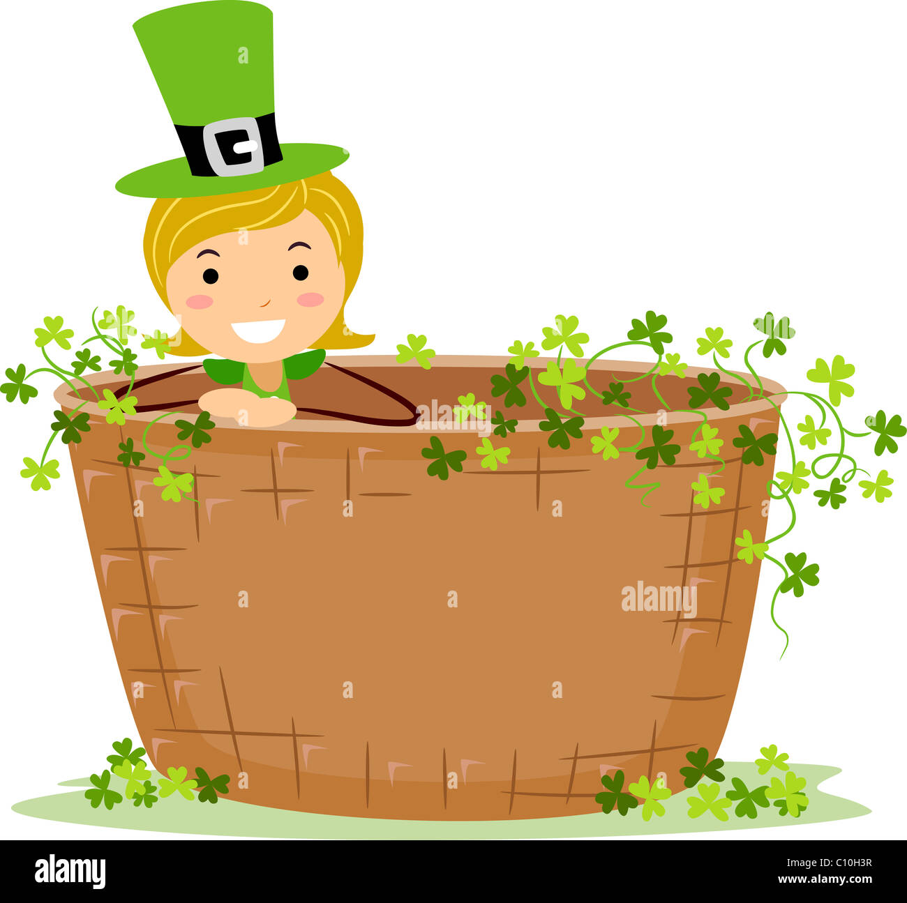 Beispiel für ein Mädchen sitzt in einem riesigen Korb Stockfoto