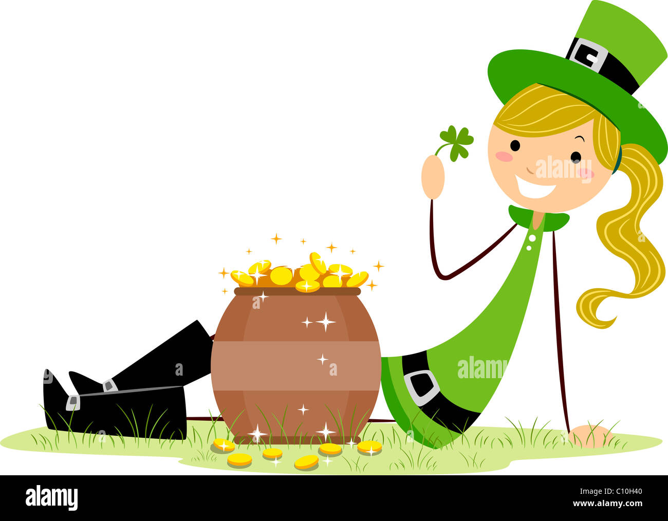 Abbildung eines Mädchens saß ein Topf voll Gold Stockfoto