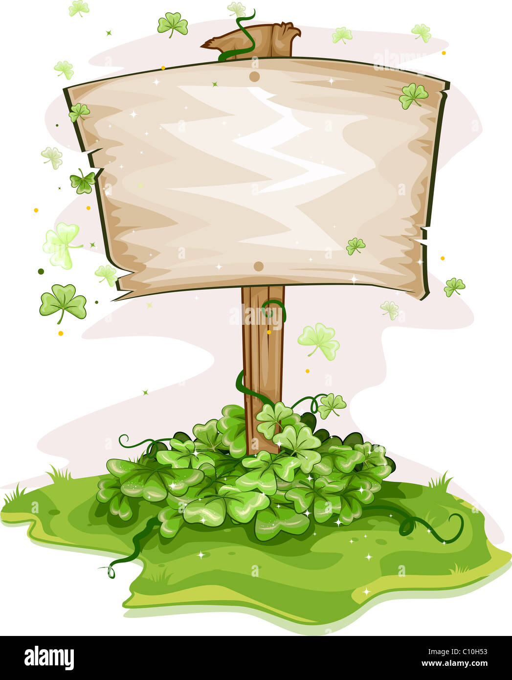 Beispiel für ein Holzbrett, umgeben von Klee Stockfoto