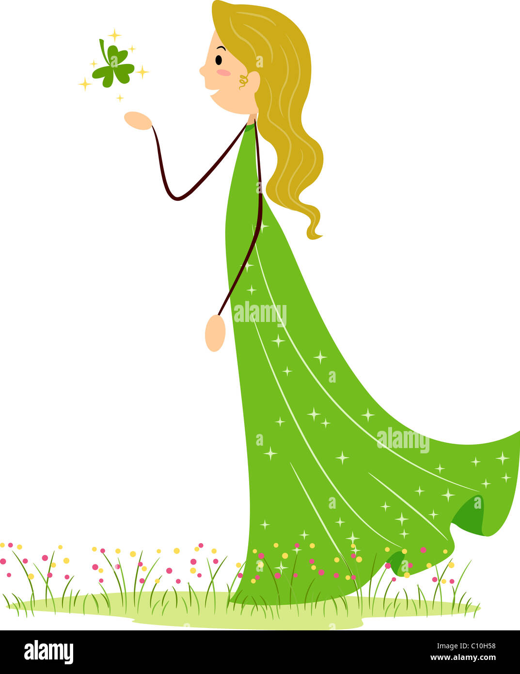 Abbildung einer Frau Fang ein Kleeblatt Stockfoto