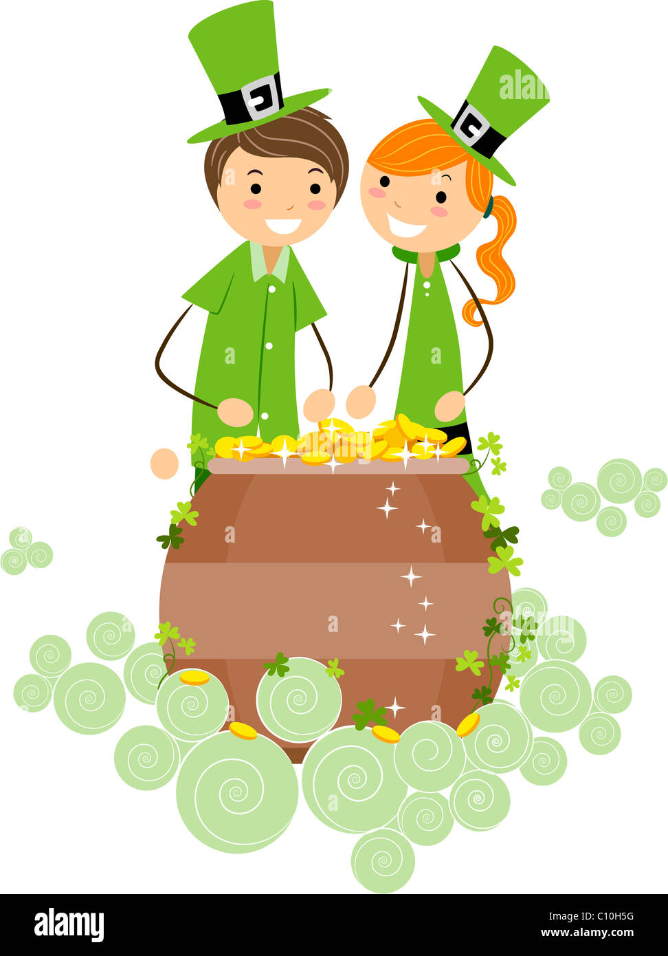 Beispiel für ein Junge und ein Mädchen einen Topf voll Gold Auschecken Stockfoto