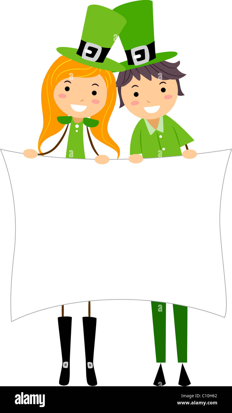 Beispiel für ein Mädchen und jungen in grün mit einem leeren Brett Stockfoto