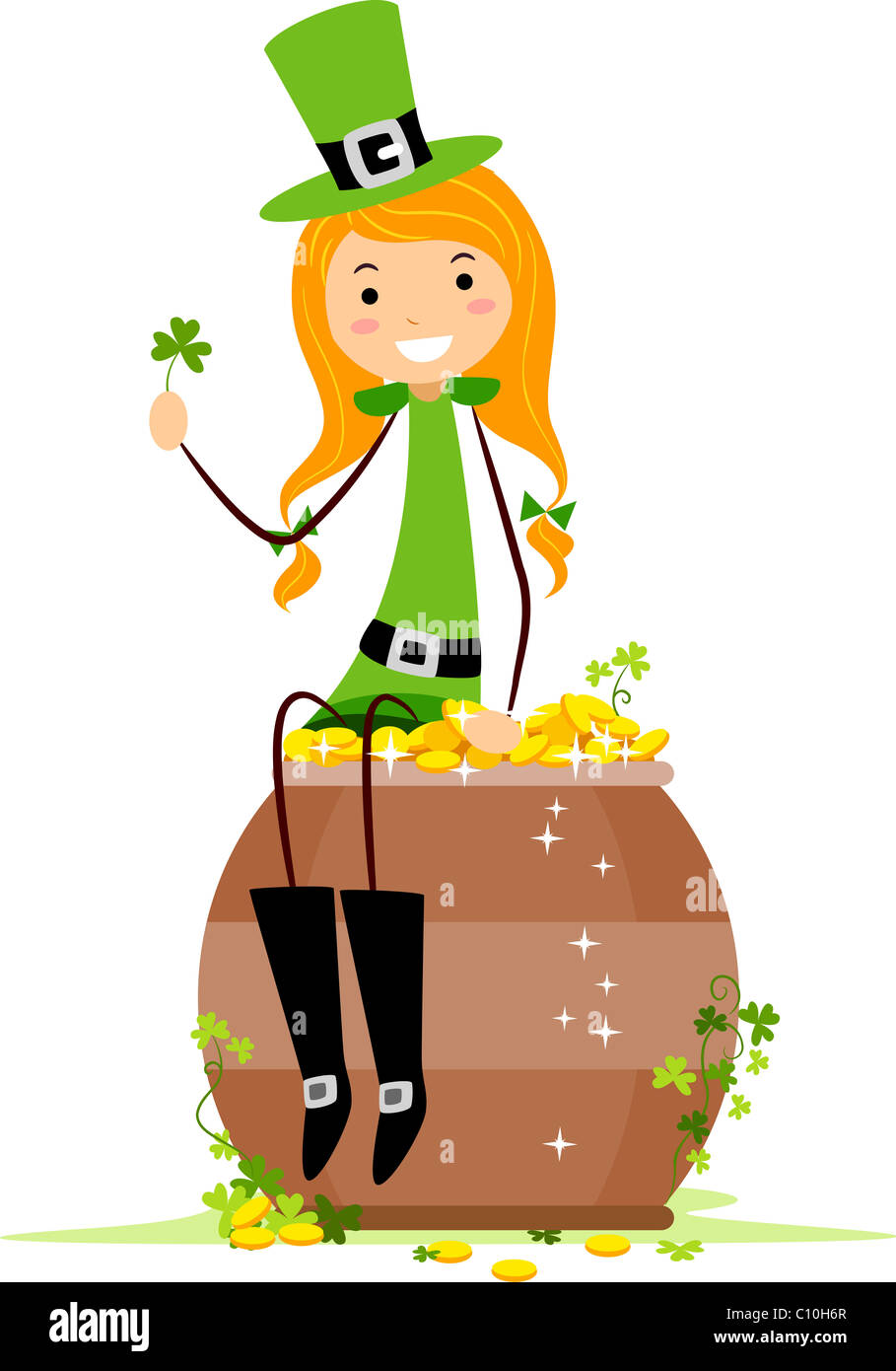 Beispiel für ein Mädchen sitzt auf einem Topf voll Gold Stockfoto