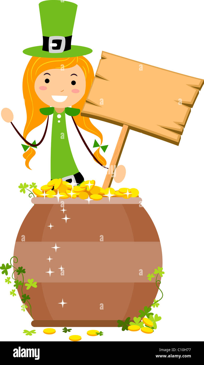 Beispiel für einen Topf voll Gold, bewacht von einem Mädchen mit einem Brett Stockfoto