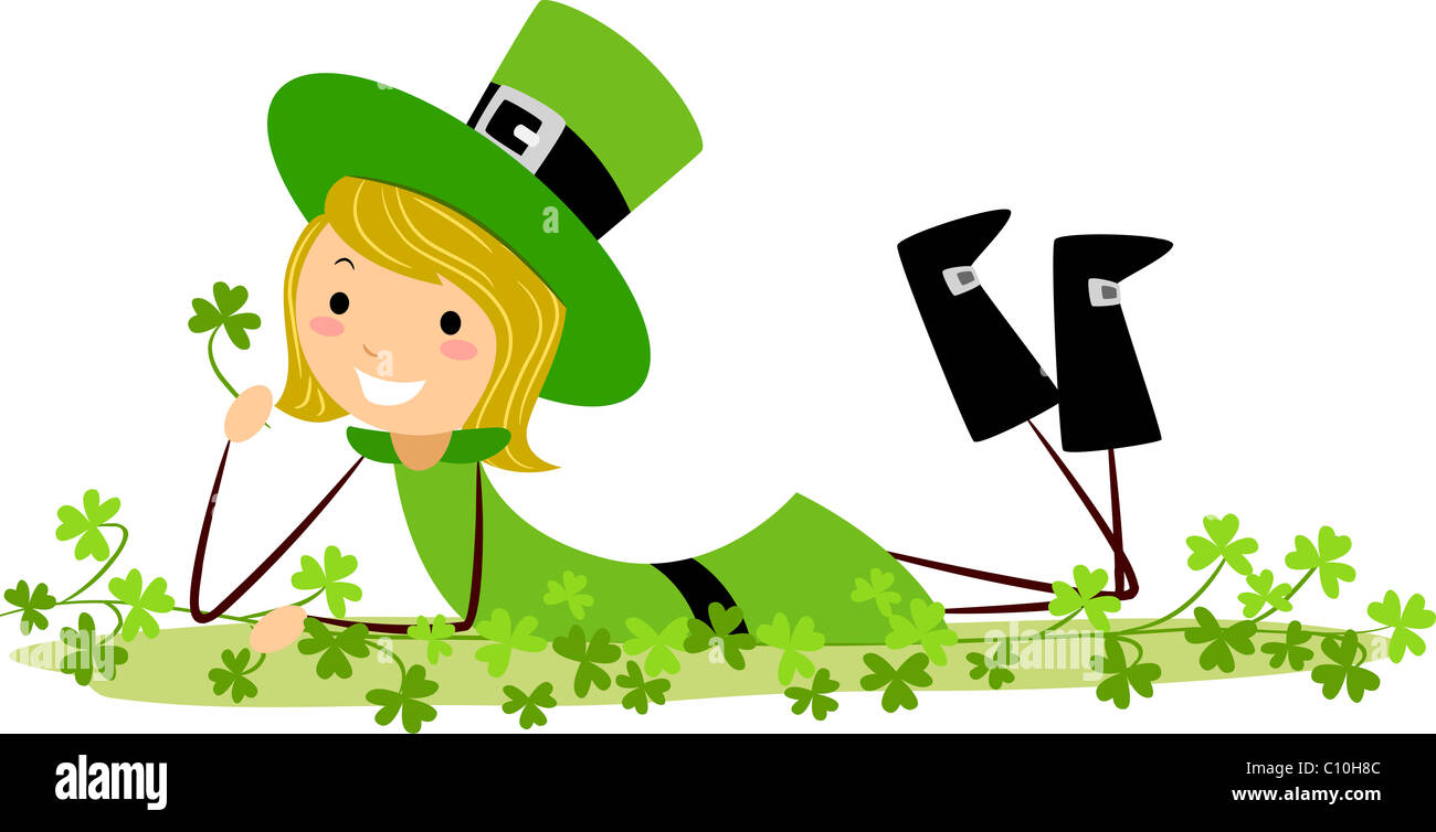 Abbildung eines Mädchens mit Kleeblätter spielen Stockfoto