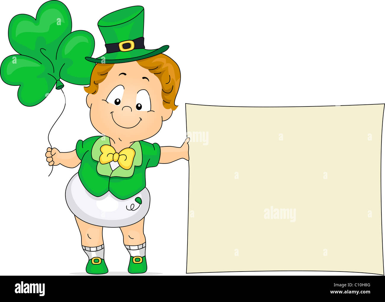 Abbildung eines Babys halten einen Shamrock-förmigen Ballon Stockfoto
