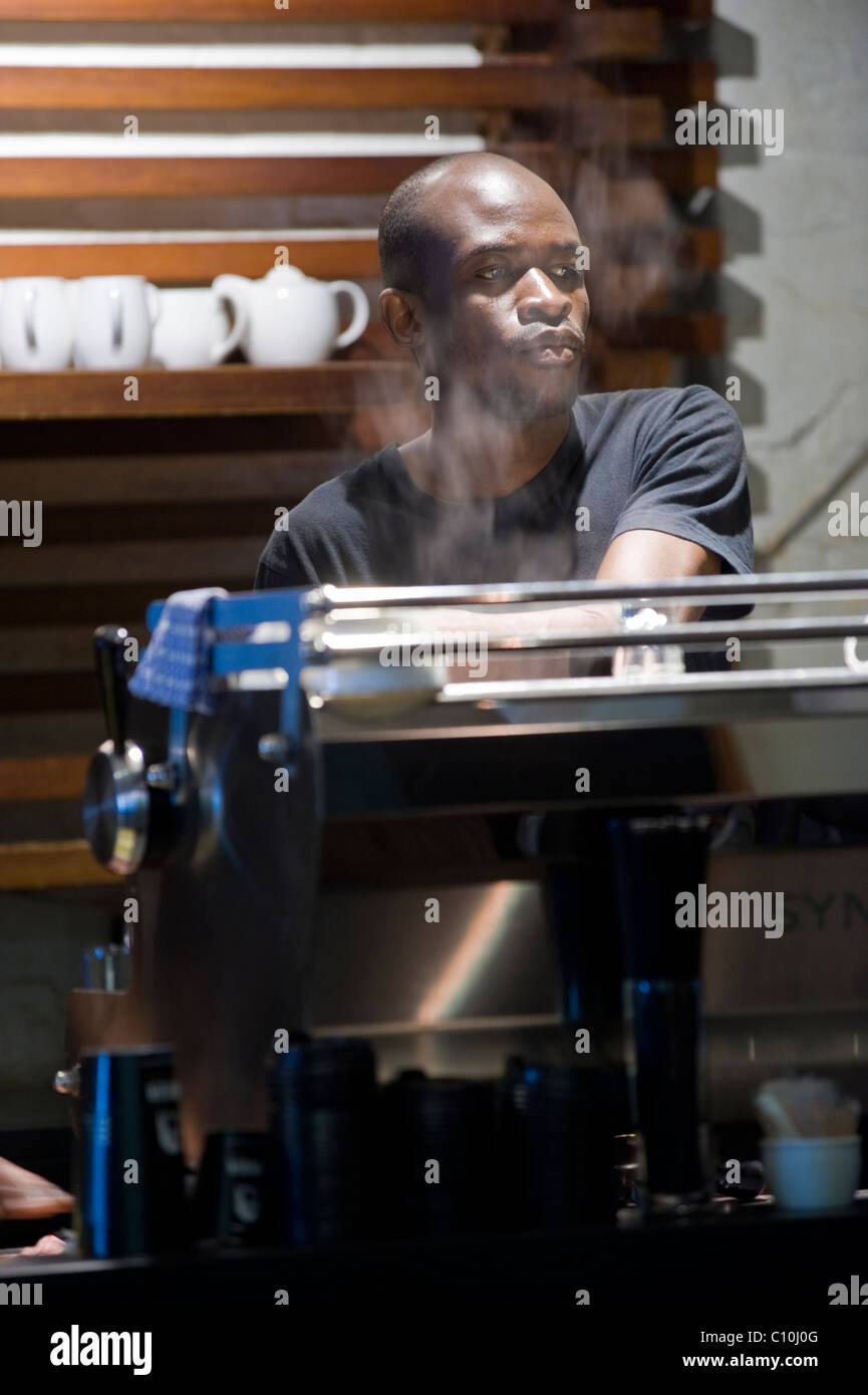 Barista arbeitet in einem Kaffeehaus in Cape Town, South Africa Stockfoto
