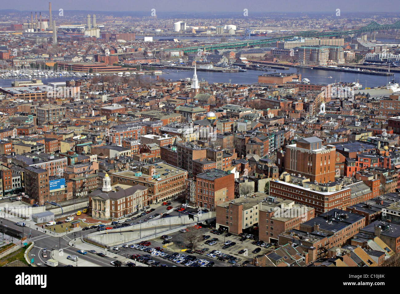 North End Nachbarschaft und darüber hinaus, Luftaufnahme, Boston, Massachusetts, Neuengland, USA Stockfoto