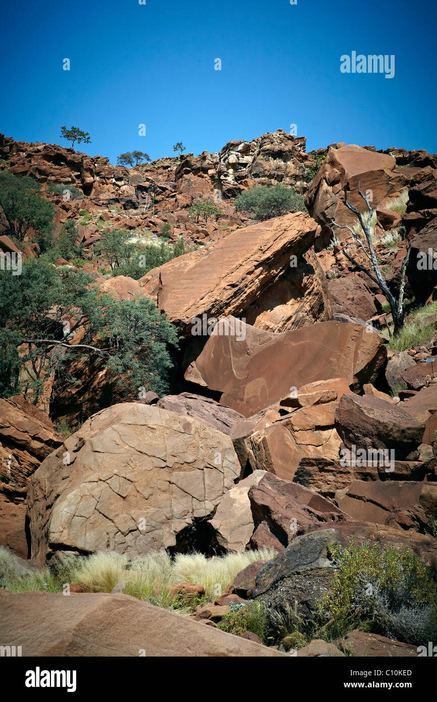 Rock, Schnitzereien, Petroglyphen, Felsmalereien, Twyfelfontein, Damaraland, Namibia, Afrika Stockfoto