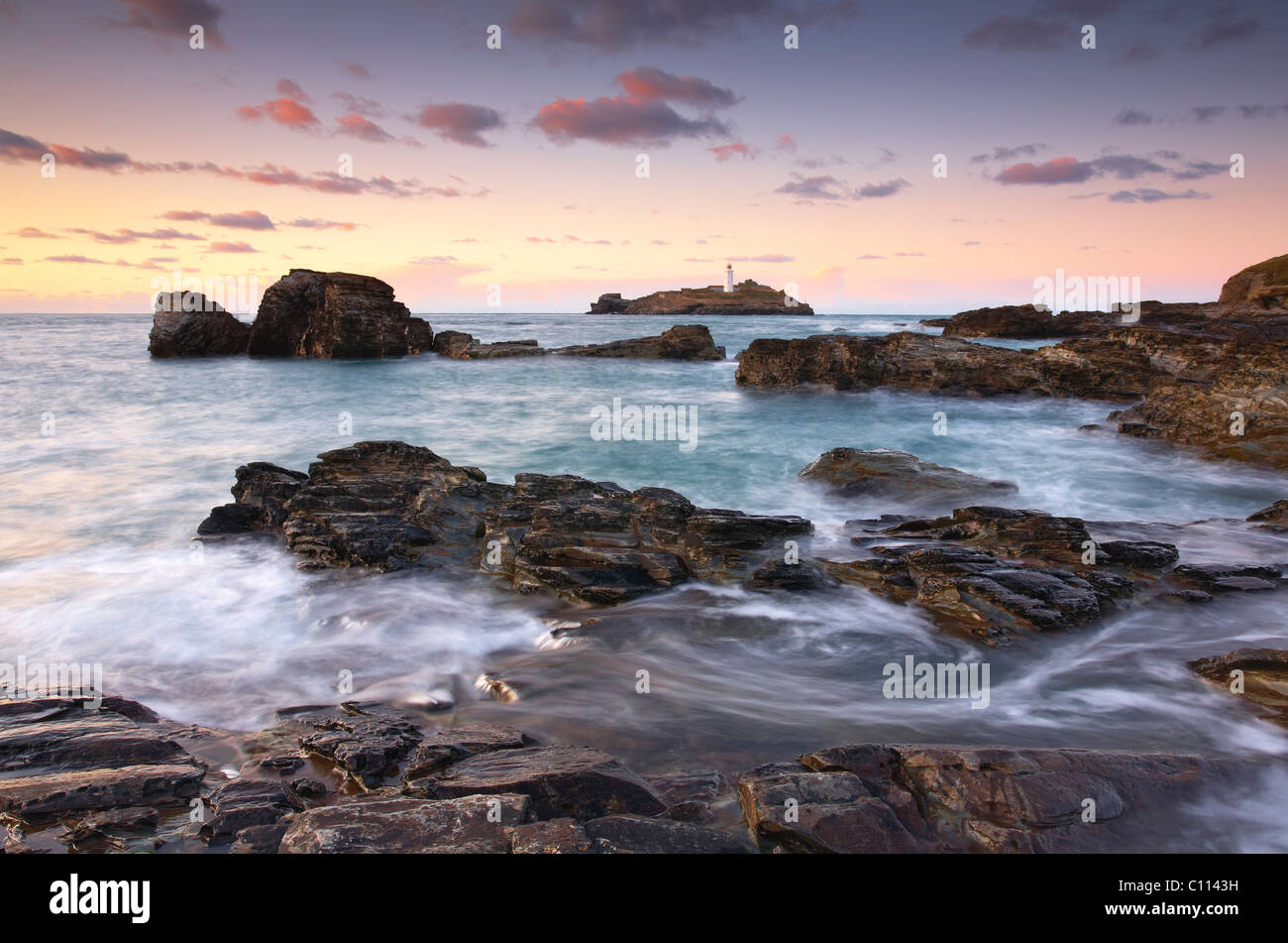 Godrevy Leuchtturm bei Sonnenuntergang Stockfoto