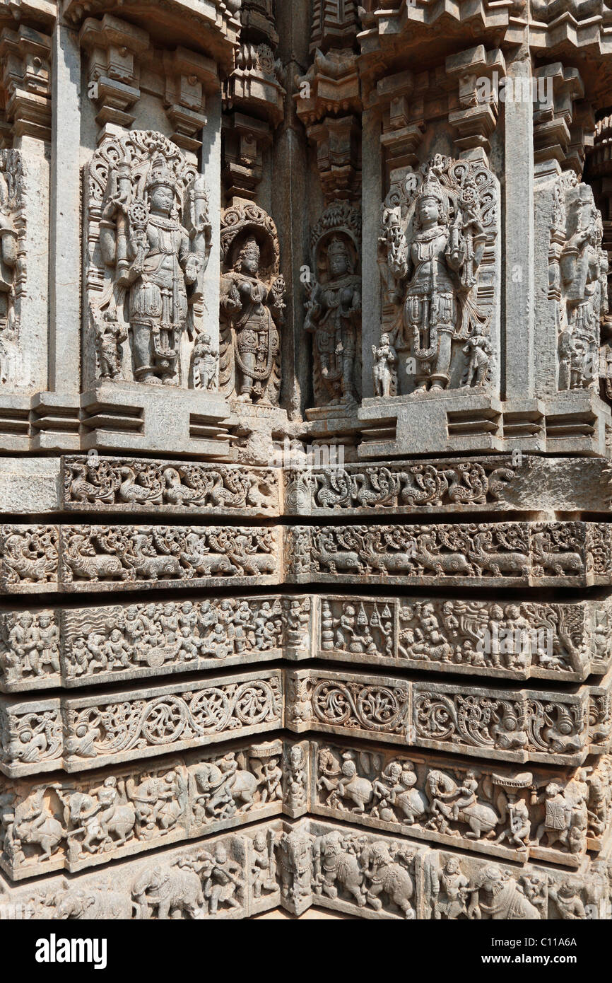 Wand des Kesava Tempel, Keshavas Tempel, Hoysala Stil, Somnathpur, Somanathapura, Karnataka, Südindien, Indien, Südasien, Asien Stockfoto