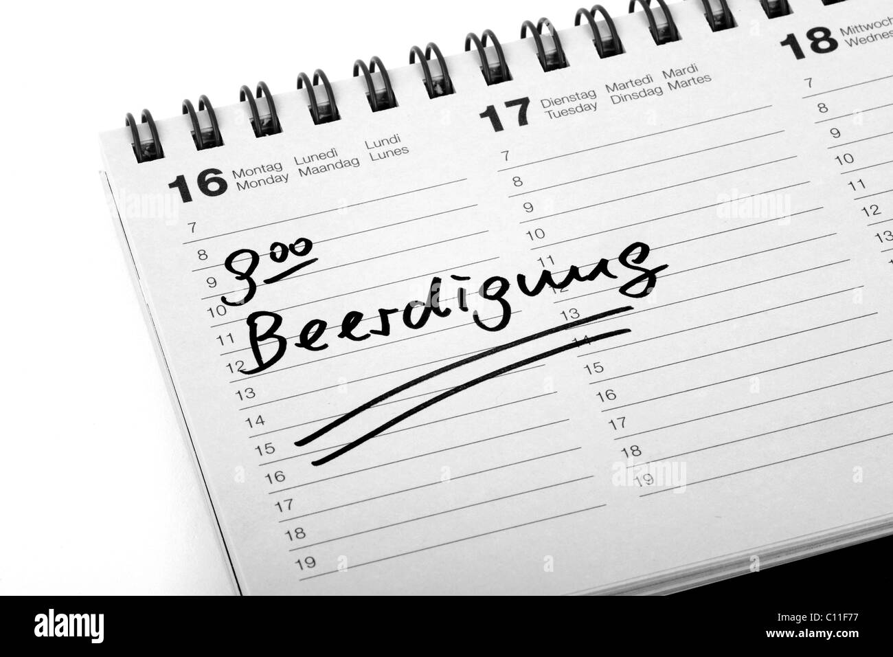Eintrag "Beerdigung", Beerdigung, in einem Tagebuch Stockfoto